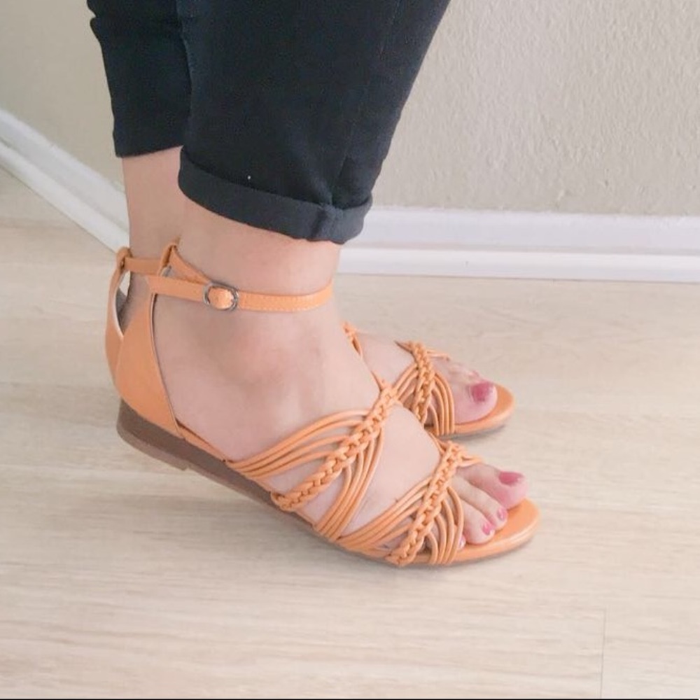 ladies ankle buckle flat sandals. Camel